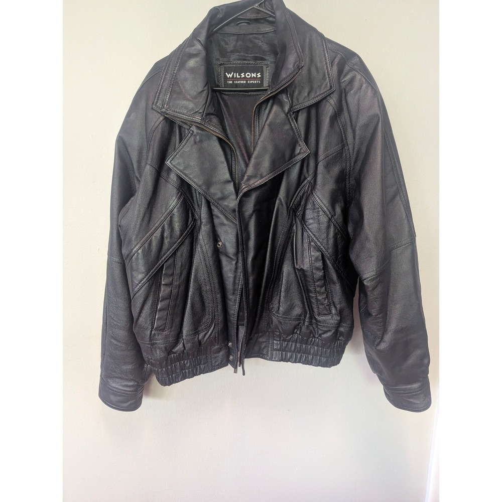 Wilsons Leather Bomber Jacket Mens XL Black Good Vintage Moto Zip Up
